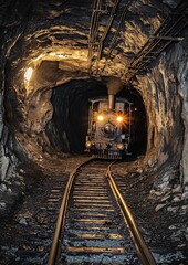 Naklejka premium Industrial underground train in black coal mine tunnel with dramatic lighting