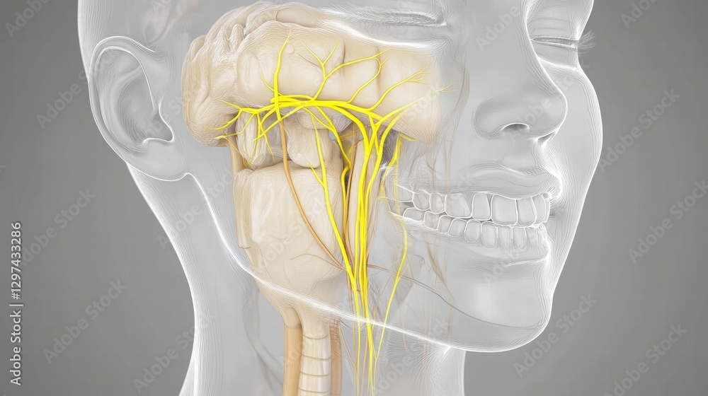 Poster detailed anatomy of the facial nerve and its connection to the human brain. generative ai