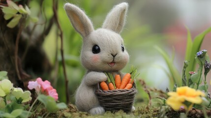 Adorable needle-felted bunny holding a basket of carrots.
