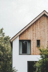 Contemporary house design showcases beautiful wooden accents and expansive windows, perfectly nestled in a tranquil natural environment on an overcast day