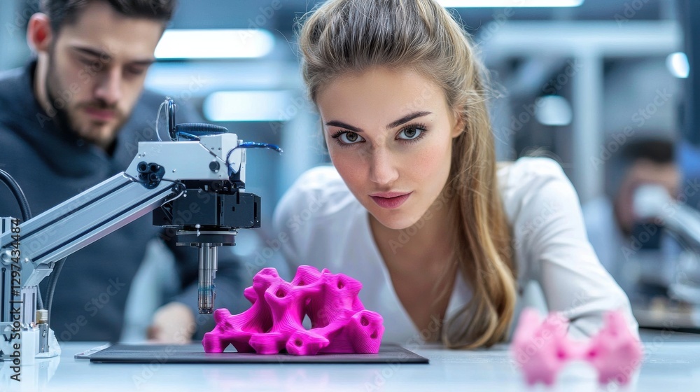 Poster team of engineers and designers collaborating on product development and innovation using 3d printin