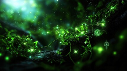 Lush green vines illuminated by soft glowing lights in a mystical forest setting