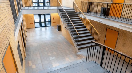 Obraz premium Architectural interior view of a contemporary commercial building hallway featuring a prominent staircase glass windows and a clean minimalist design The scene conveys a sense of sophisticated