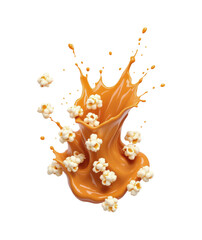 Rich Caramel Cascade Enveloping Popcorn Kernels, Creating a Sweet and Irresistible Snack Explosion, Isolated on Transparent and White Background