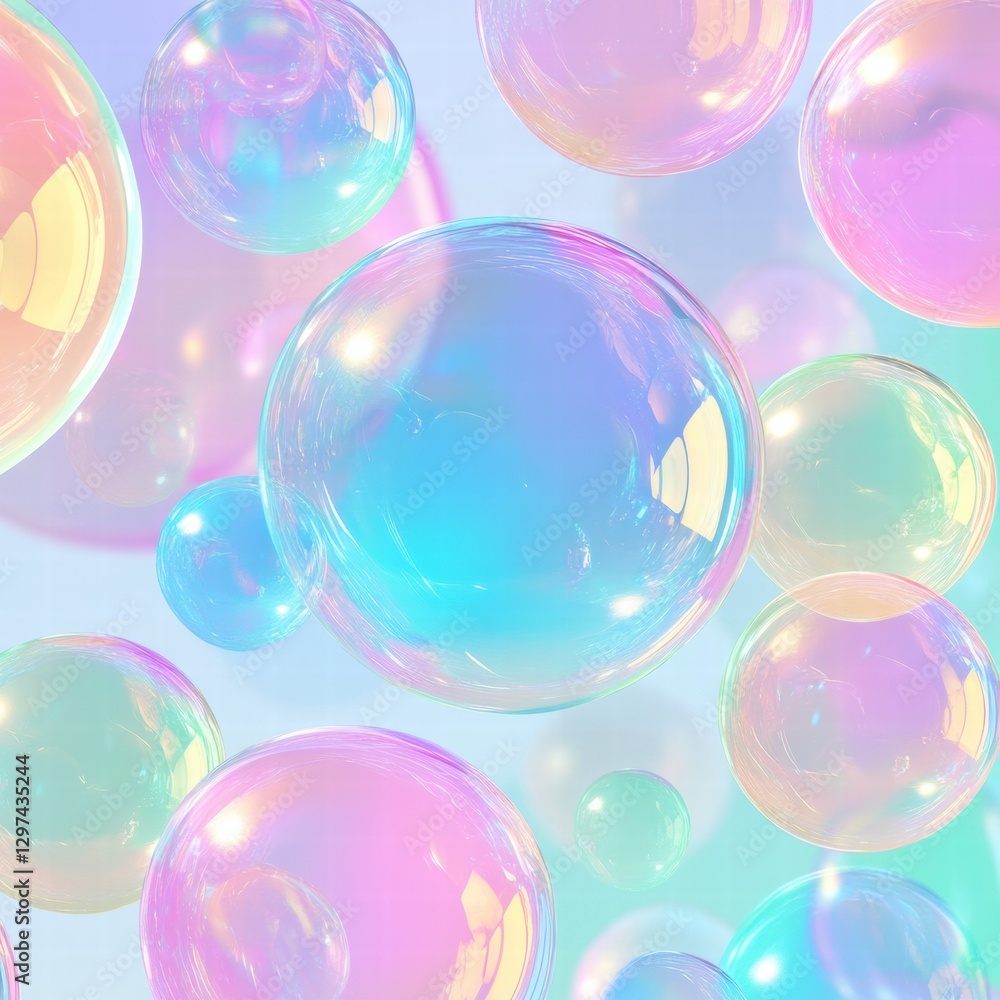 Poster Colorful soap bubbles create a vibrant repeating pattern on a bright background. Generative AI