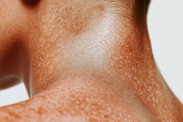 Naklejka premium Close up of a model s neck showing beautiful skin texture and natural beauty, highlighting freckles and healthy skin glow in a soft, neutral background