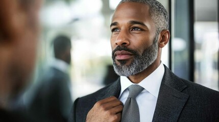 Confident businessman adjusting his tie. Graying hair, sophisticated style.