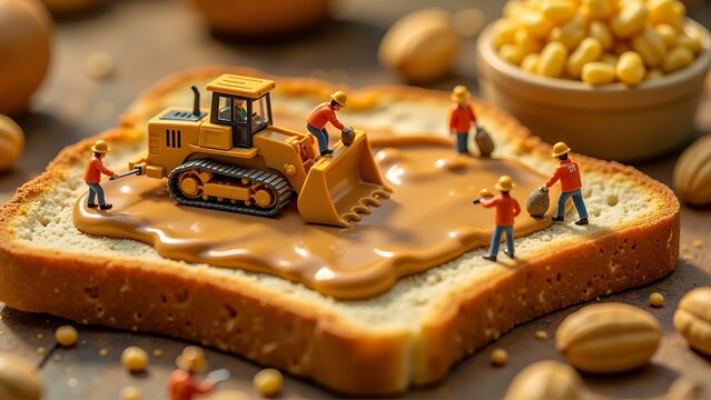 Miniature Construction Workers Spreading Peanut Butter on Giant Bread