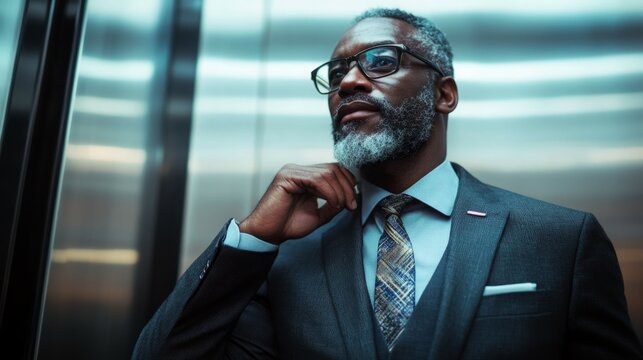 Confident Black businessman in an elevator. - Powered by Adobe