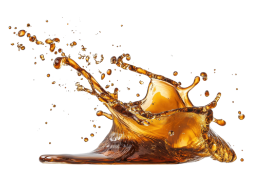 Dynamic brown liquid splash with droplets on transparent background Concept of refreshment, beverage, and motion