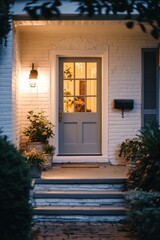 Fototapeta premium Cozy evening atmosphere at a welcoming front door adorned with plants, warm light emanating from the inside, located in a quiet neighborhood on a serene night