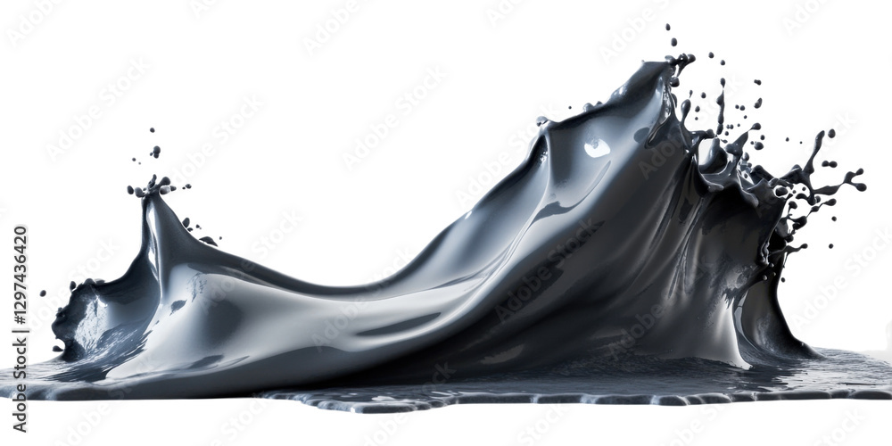 Poster dynamic splash of glossy dark gray liquid on a transparent background, showcasing fluid motion and a
