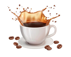 Coffee splash in white cup with coffee beans on transparent background Concept of morning, energy, and caffeine