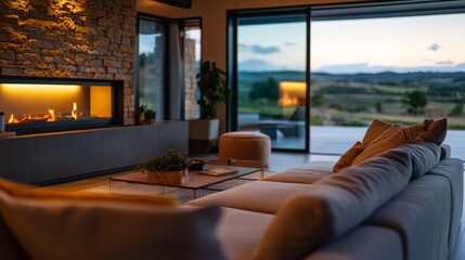 Fototapeta premium Cozy contemporary living room with comfortable seating and a fireplace, blending elegance and warmth. 