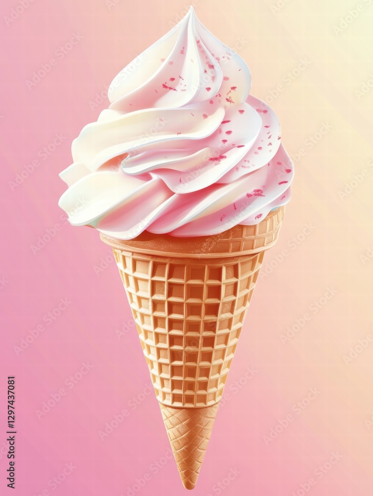 Poster Delicious ice cream cone with pink swirls against a soft gradient background in a warm setting. Generative AI