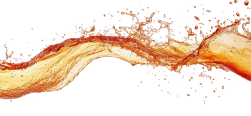 Refreshing amber liquid splash with droplets on transparent background Dynamic wave of iced tea, juice, or beer for summer refreshment and beverage concept