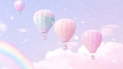 Pastel Hot Air Balloons Soaring Through a Dreamlike Sky