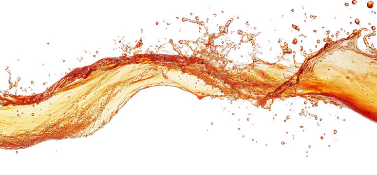 Refreshing amber liquid splash with droplets on transparent background Dynamic wave of iced tea, juice, or beer for summer refreshment and beverage concept