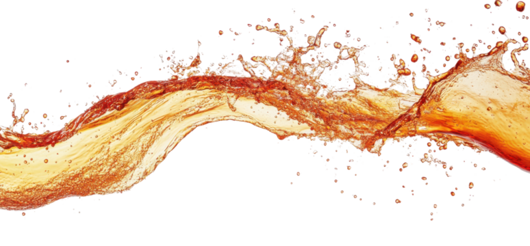 Refreshing amber liquid splash with droplets on transparent background Dynamic wave of iced tea, juice, or beer for summer refreshment and beverage concept