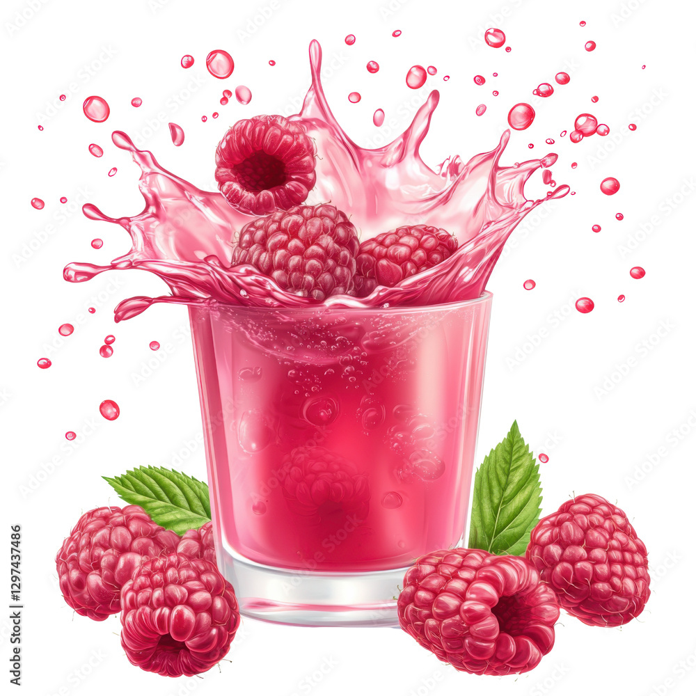Poster refreshing raspberry juice splashing out of a glass with fresh raspberries and green leaves on a tra