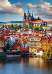 Obraz premium Stunning View of Colorful Old Town and Prague Castle by the River - Travel Photography for Tourism Promotion
