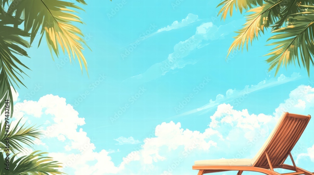 Poster Relaxing on a sun lounger under clear blue skies with fluffy clouds and tropical palm trees in a serene beach setting. Generative AI