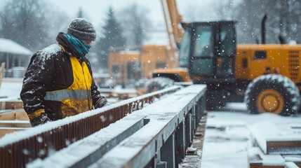 Construction worker bundled in winter wear inspects metal beams during a snowstorm.