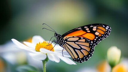 Monarch butterfly perched on a white flower, vibrant colors against a soft green background.