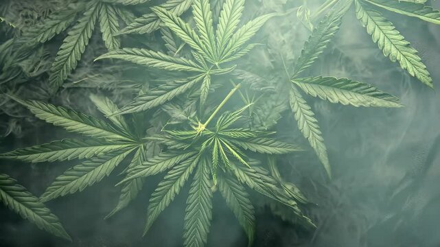 Close-up view of cannabis leaves surrounded by mist in a serene natural setting