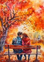 Fototapeta premium Romantic Couple Watercolor Painting in Autumn Park - Serene Artwork for Home Decor and Prints
