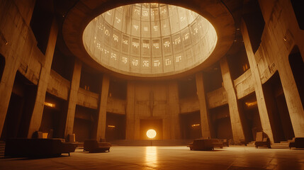 Obraz premium Futuristic circular hall with glowing orb, dramatic lighting, and brutalist architecture, evoking a sci-fi dystopian atmosphere