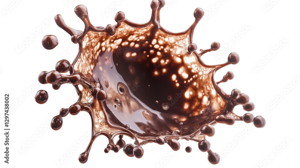 Poster dramatic splash of dark chocolate on a transparent background, creating a dynamic liquid explosion c