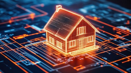 3D Render of House Model on Digital Blueprint Background Representing Modern Architecture and Home Design Concepts