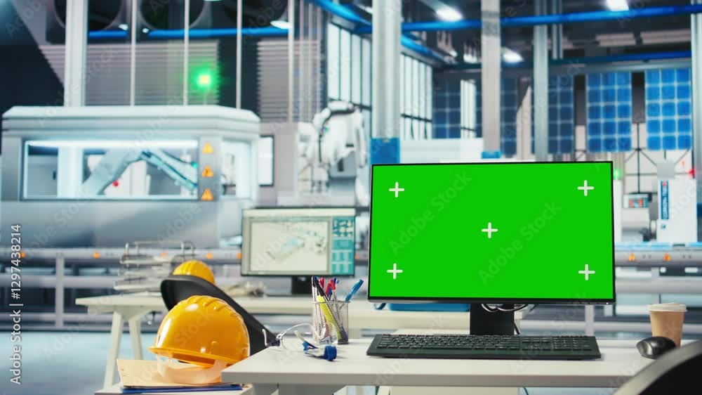 Poster isolated screen pc in empty photovoltaics factory used to build models of renewable energy generator