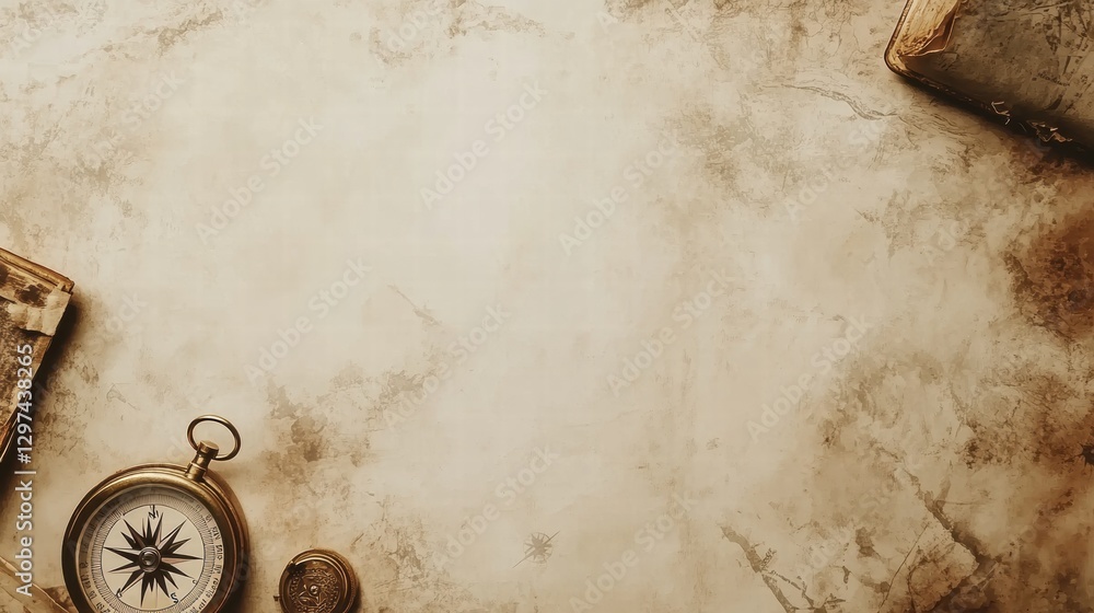 Aufkleber Vintage compass and old books resting on weathered parchment background in a cozy study setting. Generative AI