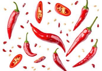 Vibrant red chili peppers and seeds floating on a transparent background, showcasing spicy food ingredients for culinary and healthy eating concepts