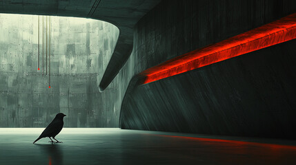 A black bird stands in a futuristic, moody architectural space with dark walls, red glowing light, and a surreal atmosphere