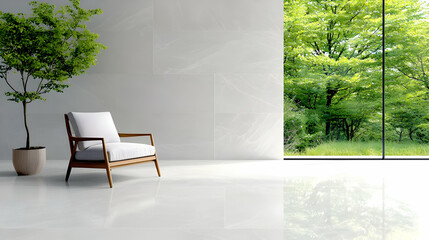 Modern chair, green view, peaceful room, relaxation