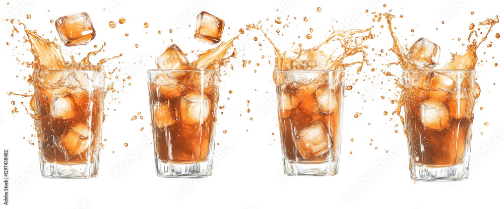 Poster refreshing cola drink with ice cubes splashing in a glass on a transparent background concept of sum