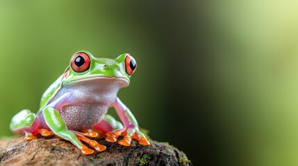 Obraz premium Red-eyed tree frog perched on a mossy branch in a tropical rainforest.