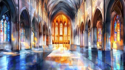 Fototapeta premium Breathtaking interior of a historic cathedral featuring intricate gothic architecture vibrant stained glass windows and an ethereal serene atmosphere bathed in warm dramatic lighting