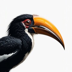 Fototapeta premium Striking Portrait of a Rufous necked Hornbill Bird with Vibrant Orange Beak
