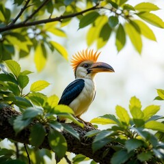Obraz premium Rufus necked Hornbill Perched on Branch Vibrant Tropical Bird in Lush Green Foliage