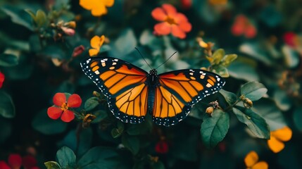 Naklejka premium A monarch butterfly rests on vibrant flowers.