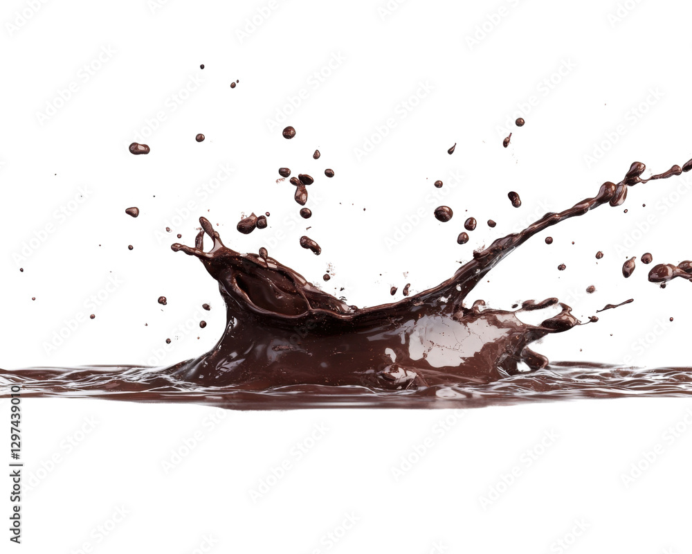 Poster dynamic splash of dark chocolate liquid on a transparent background, creating a delicious and decade