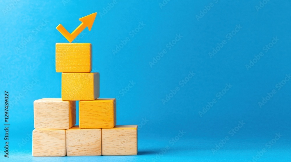 Poster wooden blocks stacked in a pyramid shape with an upward pointing arrow symbol representing growth pr