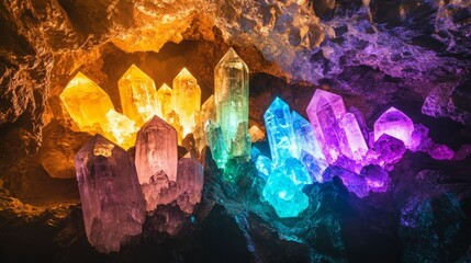 Vibrant rainbow crystals illuminate a dark cave, a breathtaking sight of nature's artistry.