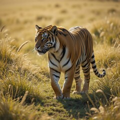 Naklejka premium Majestic Bengal Tiger Walking Through Golden Grassland at Sunset