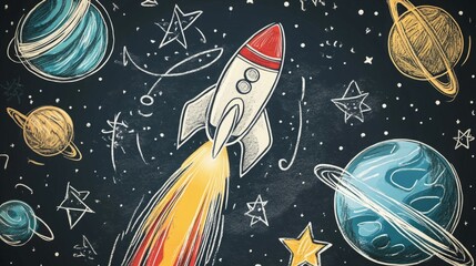 Hand-drawn rocket soaring through a vibrant cosmos. Chalk art style.