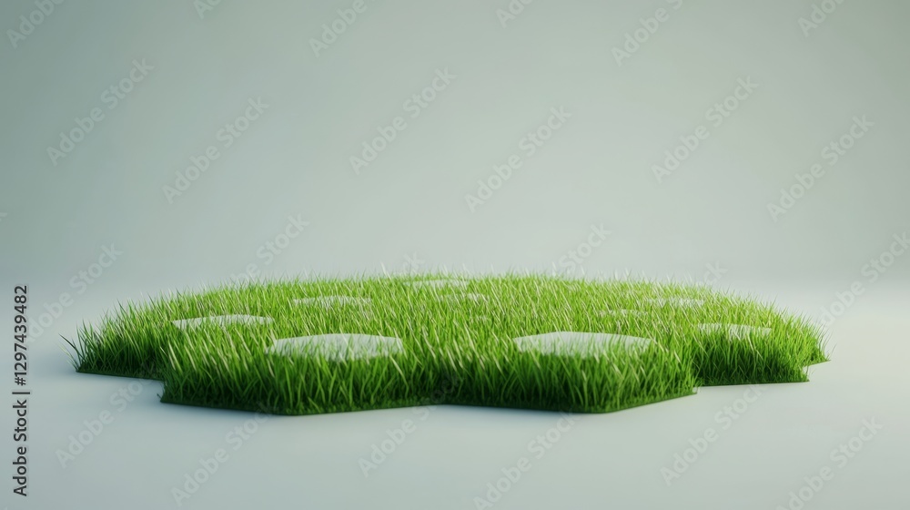 Poster hexagonal grass patch in cartoon style 3d rendering
